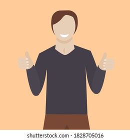 A contented, smiling man with no face is isolated. Vector illustration in flat style. Admiration and good luck, my fists clenched with joy. Lucky people.