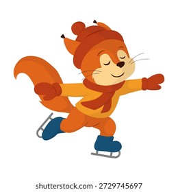 Ein zufriedenes Eichhörnchen, das wie eine Schwalbe über das Eis gleitet. Vektorgrafik im hellen, flachen Cartoonstil. Dieser Charakter kann als Wintermaskottchen für Kinderprojekte, Ferienplakate, Saisonkarten, Lehrmaterial, Winterveranstaltungen und Eisshows dienen.
