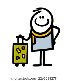 A contented traveler in a scarf holds suitcase on wheels. Vector cartoon stickman by voyage.