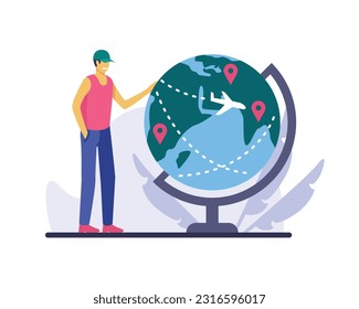 Contented vacationist looking for holiday destinations on smart map. Cheerful tourist rotating huge globe with highlighted landmarks and flying plane. Flat vector illustration