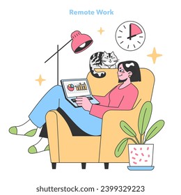 Contented woman enjoys remote work from a cozy armchair, analyzing charts on her laptop, accompanied by her feline friend, with a clock marking productive hours. Embracing home office benefits. vector