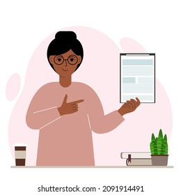 Contented woman holding a clipboard with a document and points his finger at it. Vector