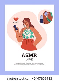 Contented woman listening to ASMR, vector illustration showing love for sensory experiences with phone and earphones.