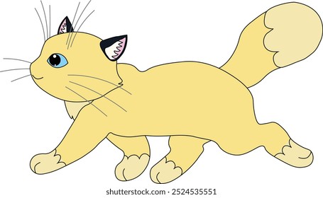 Un felino beige amarillo contento con ojos azules y una cola esponjosa corre hacia adelante, Vector común