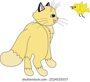 Gato beige amarillo contento con los ojos azules y la cola esponjosa mira lejos en el pájaro amarillo volador, Vector común