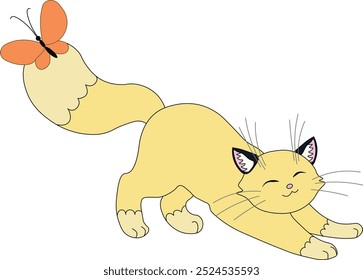 a contented yellow beige cat with a fluffy tail stretches with her eyes closed, a butterfly sits on her tail, stock vector