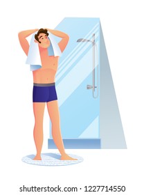 Contented young man character takes a shower in the bathroom. rubs up with a towel, after washing the head, body, with shampoo and soap, observing hygiene in the bathroom. Illustration cartoon