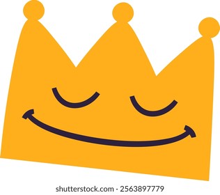 Contentedly smiling crown figure with simple shapes and expressive features. Vector Illustration.