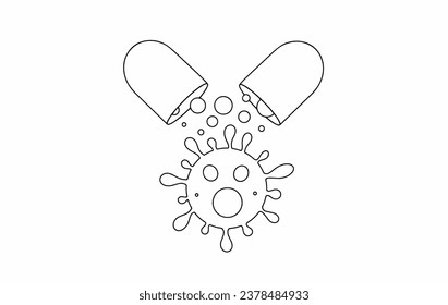 The contents of the antibiotic capsule reach the harmful microorganism. World Antimicrobial Awareness Week. One line drawing for different uses. Vector illustration.