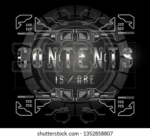 Contents. Conceptual Layout with HUD elements for print and web. Lettering with futuristic user interface elements.