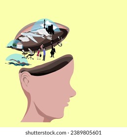 the contents of a human head, various kinds of desires in this life, on a yellow background