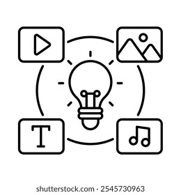 Icono de idea de contenido. Video Bombilla con fotografía, mensaje y música. Estilo de contorno. Vector. Aislar sobre fondo blanco.