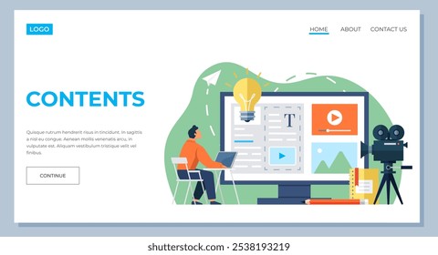 Plantilla de la página de destino de contenido. Especialistas en TI que trabajan con anuncios en la página de Web de marketing de contenido. Análisis de negocio, estrategia de mantenimiento y concepto de gestión. Creación de contenido de información de Sitio web