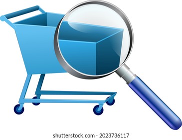 Contents of a supermarket shopping cart with a magnifying glass on a white background