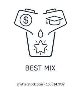 The contents of two glasses are poured into one. Education, financing. Vector linear icon on a white background.