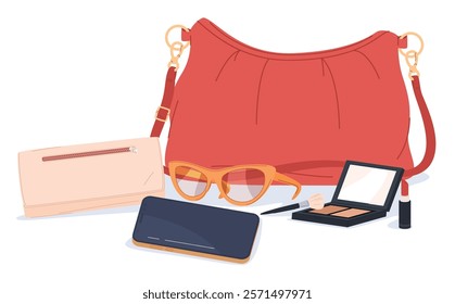 The contents of a woman handbag. Fashionable leather accessories. Cosmetics, smartphone, glasses. Vector illustration