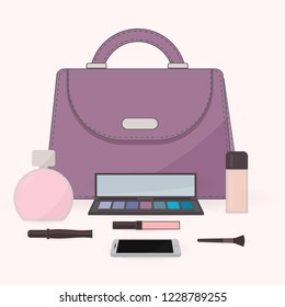 The contents of a woman's bag. Purse, perfume, cosmetics and mobile phone. Vanity table. Concept of beauty bloggers, fashion and glamour. Easy to edit vector design for social media, etc.