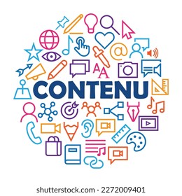 CONTENU (CONTENT in French) business concept with icons arranged in a circle on white background