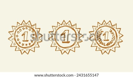 Contest 1 olympic athlete leader hero medalist gold metal pin round wreath element. Outline black hand drawn warranty logo border in retro art doodle cartoon graphic style on white paper space text