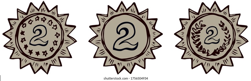 Contest 2 olympic athlete leader hero medalist grey metal pin round wreath element. Outline black hand drawn warranty logo border in retro art doodle cartoon graphic style on white paper space for tex