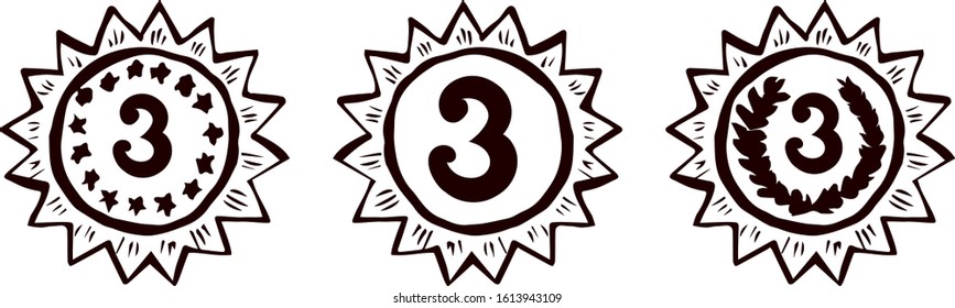 Contest 3 olympic athlete leader hero medalist metal pin round wreath element. Outline black hand drawn warranty logo border in retro art doodle cartoon graphic style on white paper space for text