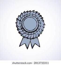 Contest 3 olympic athlete leader hero medalist metal pin round wreath element. Outline black hand drawn warranty logo border in retro art doodle cartoon graphic style on white paper space for text