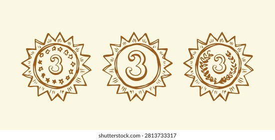 Contest 3 olympic athlete leader hero medalist metal pin round wreath element. Outline black hand drawn warranty logo border in retro art doodle cartoon graphic style on white paper space for text