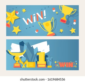 Contest advertisement banner template, vector illustration. Win award in sport competition, golden trophy for first place winner. Flat style icons, prize emblems, congratulations to contest winner
