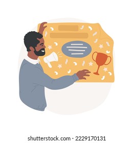 Contest announcement isolated cartoon vector illustration. Teacher hanging poster on the wall, announcing year book design contest, call for talent, cover competition, promotion vector cartoon.