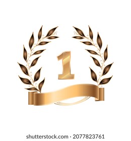 Concurso de premios emblema composición realista con corona de laurel dorada con ilustración vectorial aislada de cinta