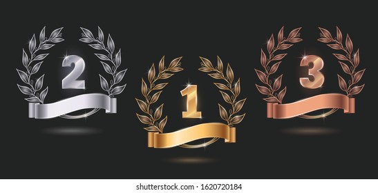 Contest awards emblems realistic set with golden silver and bronze on black background isolated vector illustration