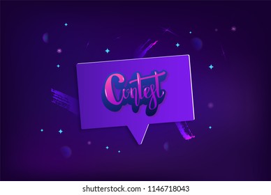 Contest card with geometric composition. Dark banner with speech bubble and handwritten text. Vector illustration.