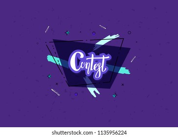 Contest card  for social media. Dark banner with geometric trapezium composition and handwritten lettering. Sticker text with decotarion and violet background. Quiz  flyer. Vector illustration.