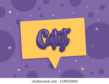 Contest card with speech bubble, dots decorative background and handwritten text. Quiz invitation flyer with decoration. Template for social media. Vector illustration.