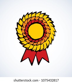 Contest first athlete leader hero medalist gold metal pin round wreath element. Bright color hand drawn warranty heraldic logo border in retro art cartoon graphic style on white space for text