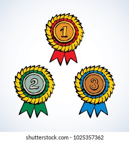 Contest first olympic athlete leader hero medalist gold metal pin round wreath element. Bright color hand drawn warranty heraldic logo border in retro art cartoon graphic style on white space for text