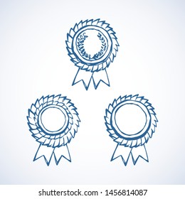 Contest first olympic athlete leader hero medalist golden metal pin round wreath. Outline black hand drawn warranty logo border in retro art doodle cartoon graphic style on white paper space for text