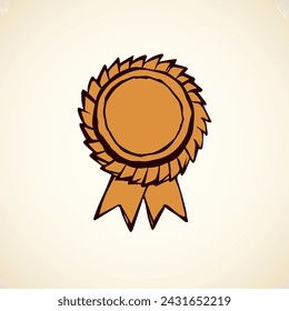 Contest first olympic athlete leader hero medalist golden metal pin round wreath. Outline black hand drawn warranty logo border in retro art doodle cartoon graphic style on white paper space for text