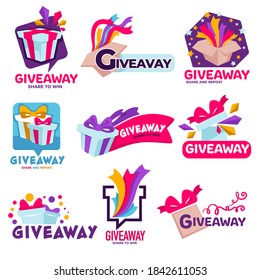 Contest for followers or subscribers, isolated giveaway banners with presents and festive confetti or ribbons. Quiz or reward for random winner, promotion of social media or products, vector