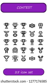  contest icon set. 25 filled contest icons. Simple modern icons about  - Trophy, Champion belt, Prize, Medal