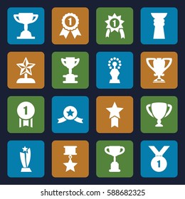 contest icons set. Set of 16 contest filled icons such as trophy, star trophy, number 1 medal