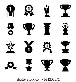 Contest icons set. set of 16 contest filled icons such as trophy, star trophy, number 1 medal