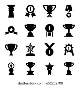 Contest icons set. set of 16 contest filled icons such as trophy, star trophy, number 1 medal