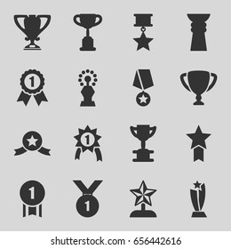 Contest icons set. set of 16 contest filled icons such as trophy, star trophy, number 1 medal