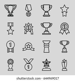 Contest icons set. set of 16 contest outline icons such as trophy, star trophy, number 1 medal