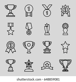 Contest icons set. set of 16 contest outline icons such as trophy, star trophy, number 1 medal