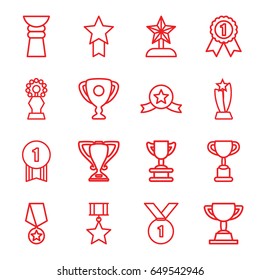 Contest icons set. set of 16 contest outline icons such as trophy, star trophy, number 1 medal