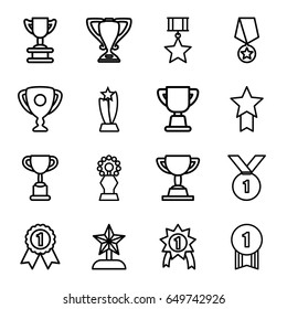 Contest icons set. set of 16 contest outline icons such as trophy, star trophy, number 1 medal