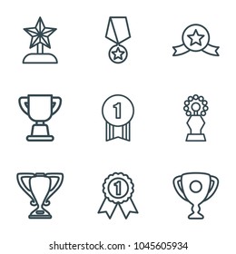 Contest icons. set of 9 editable outline contest icons such as trophy, star trophy, number 1 medal