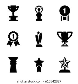 Contest icons set. set of 9 contest filled icons such as trophy, star trophy, number 1 medal